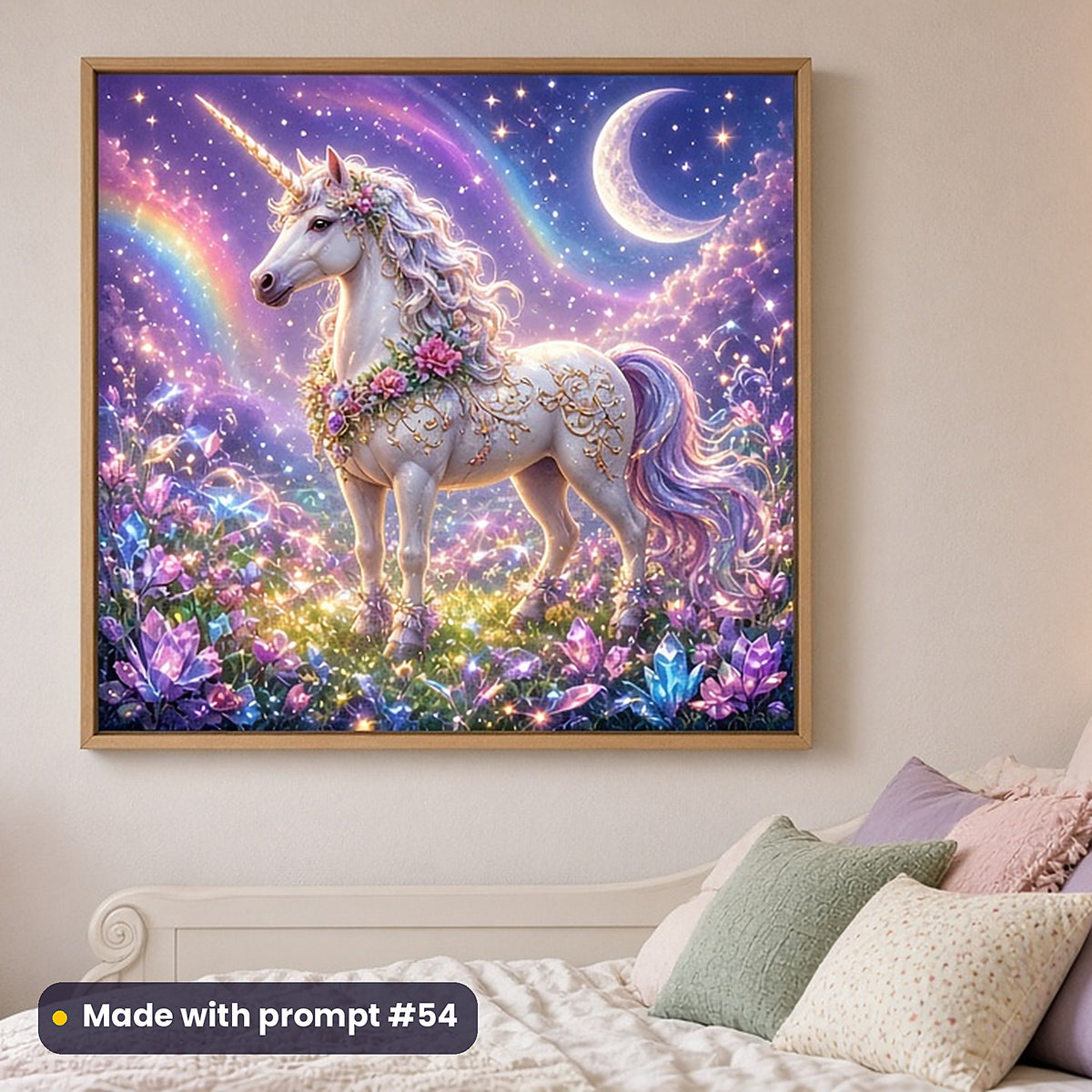 Enchanted Unicorn Meadows kids fantasy prompt pack: framed nursery print mockup, made with prompt #54