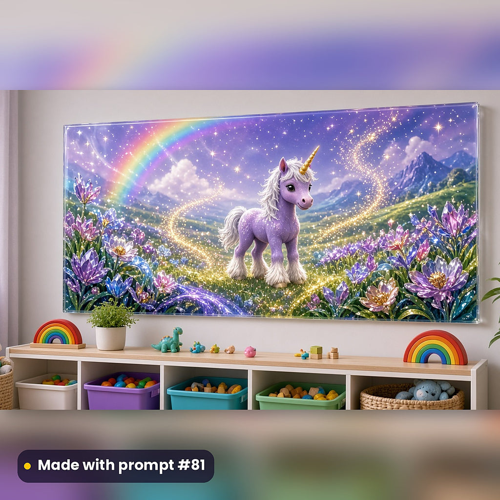 Enchanted Unicorn Meadows kids fantasy prompt pack: acrylic wall panel above a toy shelf mockup, made with prompt #81