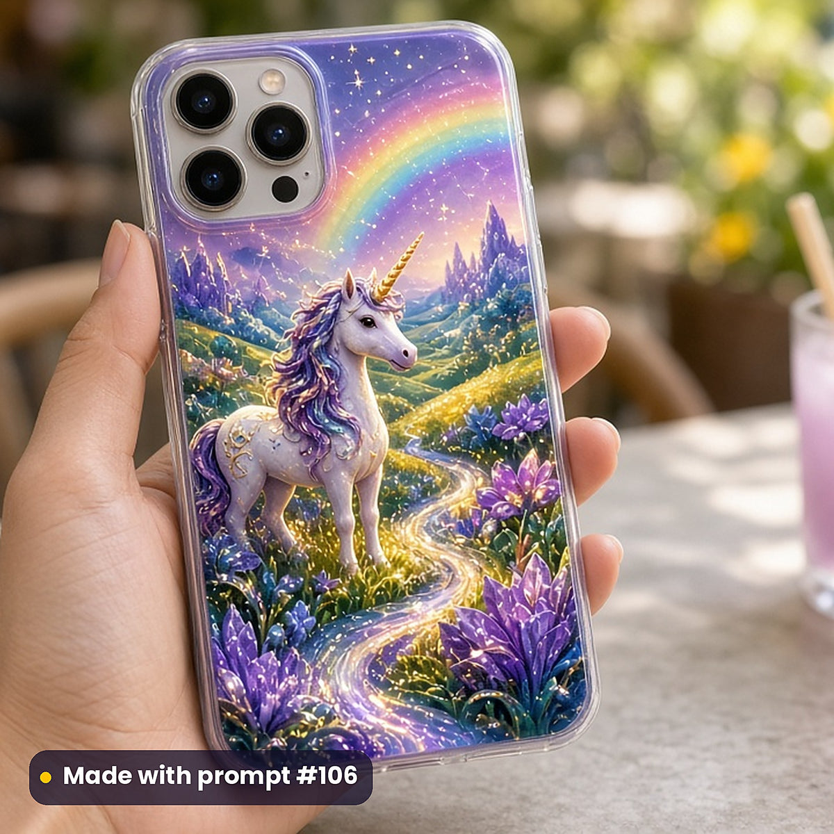 Enchanted Unicorn Meadows kids fantasy prompt pack: UV-printed phone case mockup, made with prompt #106