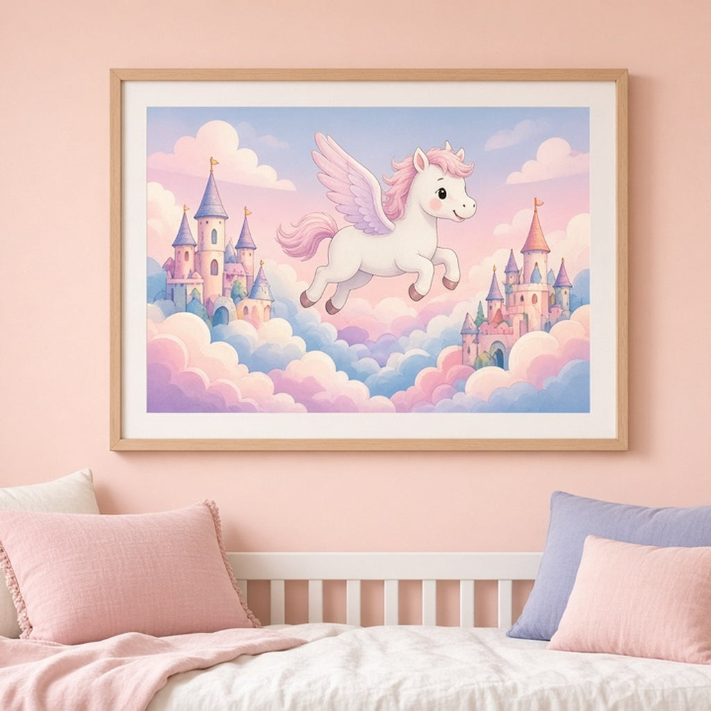 Baby pegasus above a pastel cloud kingdom shown as a flat framed print in a child's bedroom, made with prompt #27