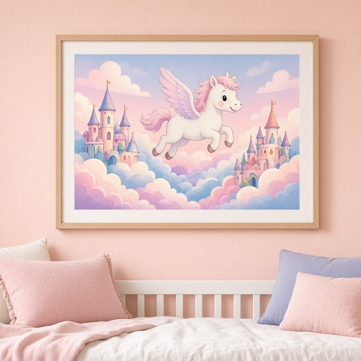 Baby pegasus above a pastel cloud kingdom shown as a flat framed print in a child's bedroom, made with prompt #27
