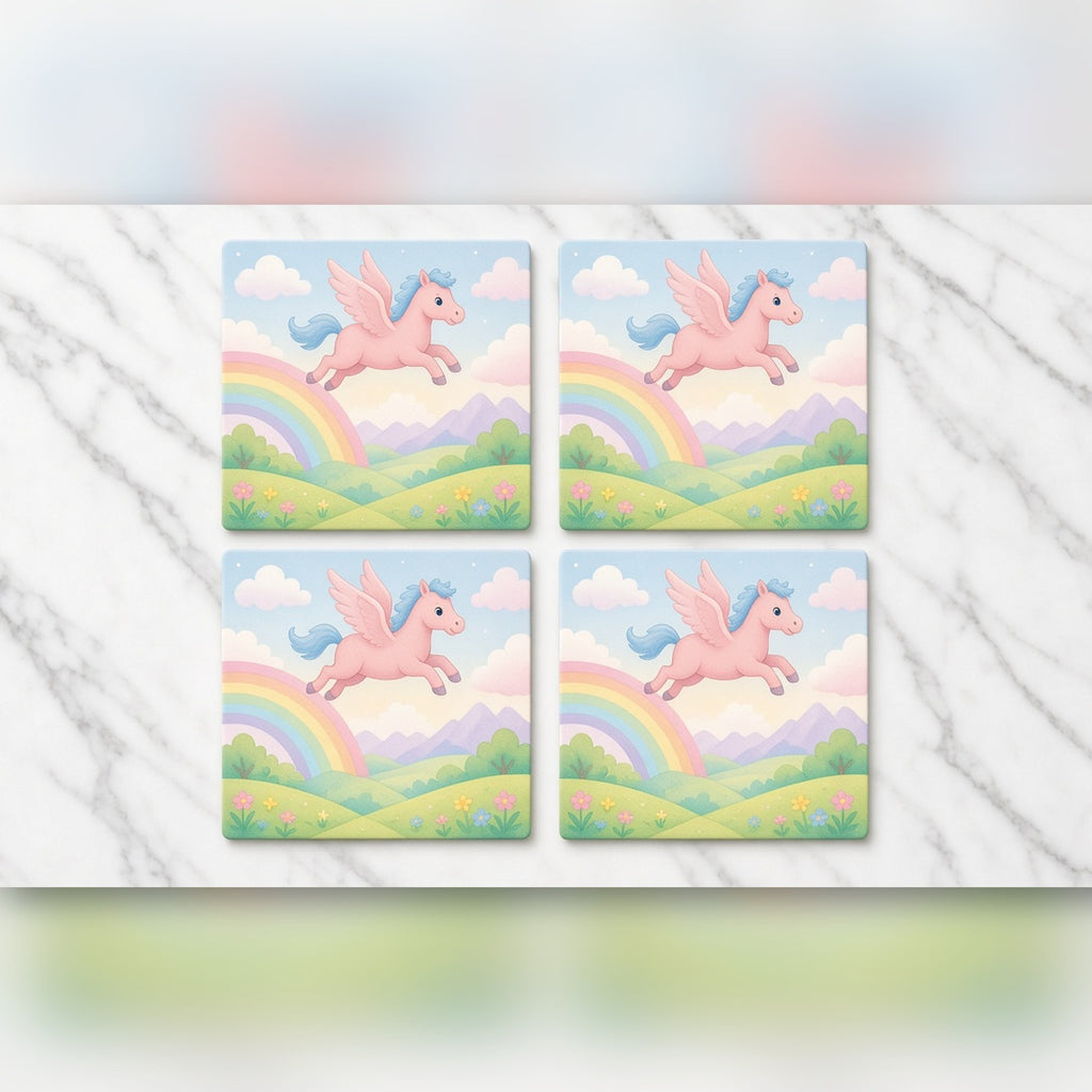 Pink and blue pegasus over a rainbow valley printed flat on a set of four coasters, made with prompt #56
