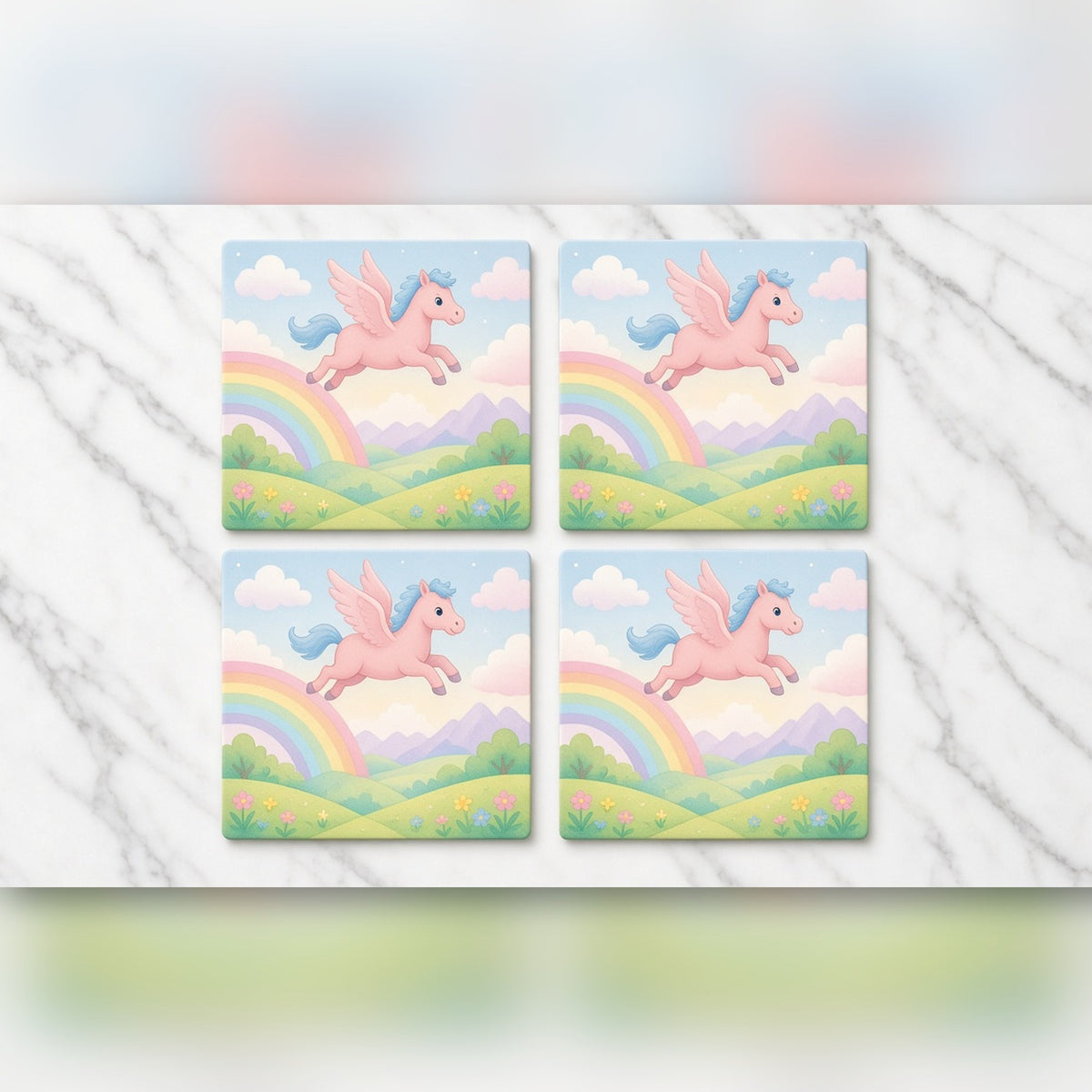 Pink and blue pegasus over a rainbow valley printed flat on a set of four coasters, made with prompt #56