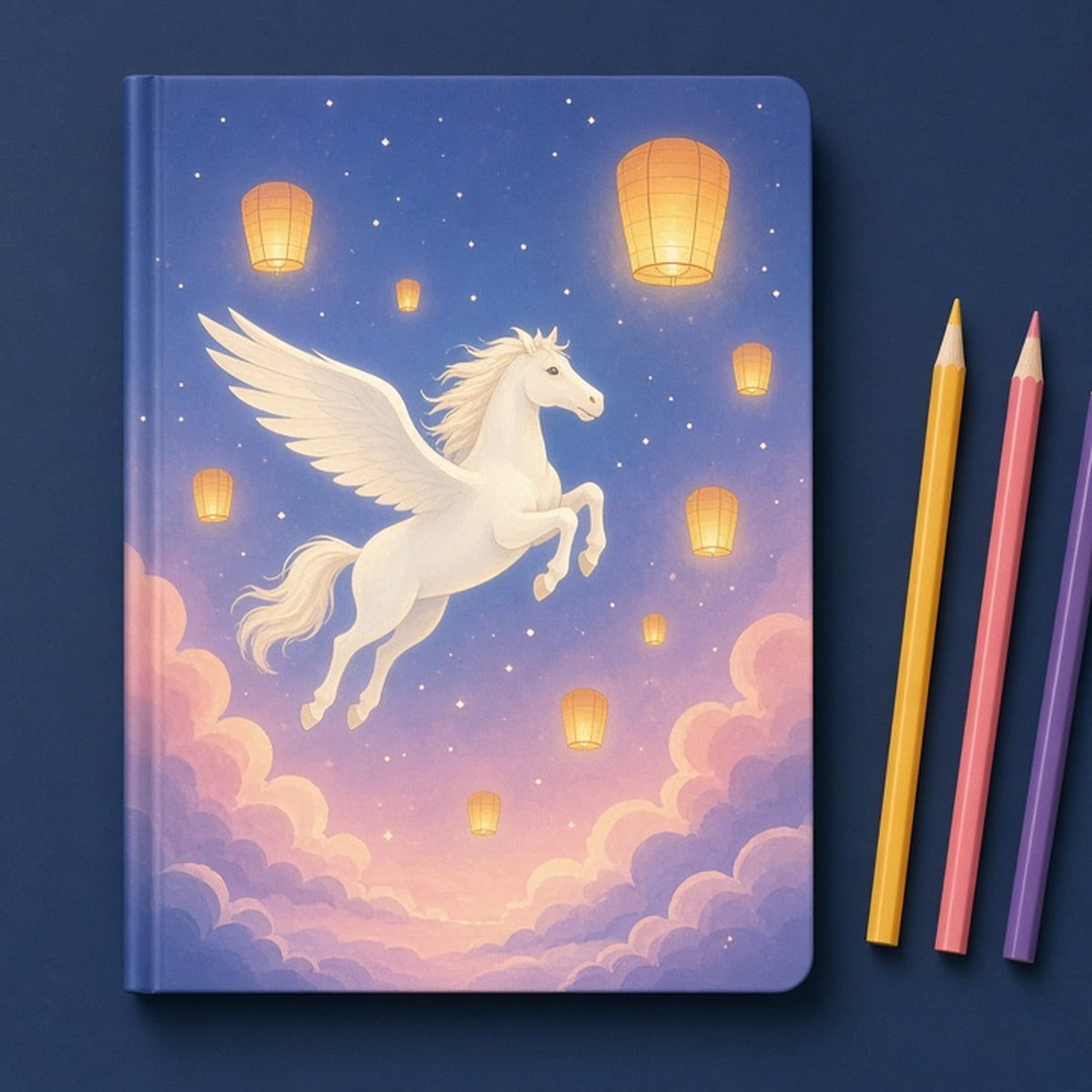 Luminous pegasus beside floating lanterns printed flat on a hardback notebook, made with prompt #101