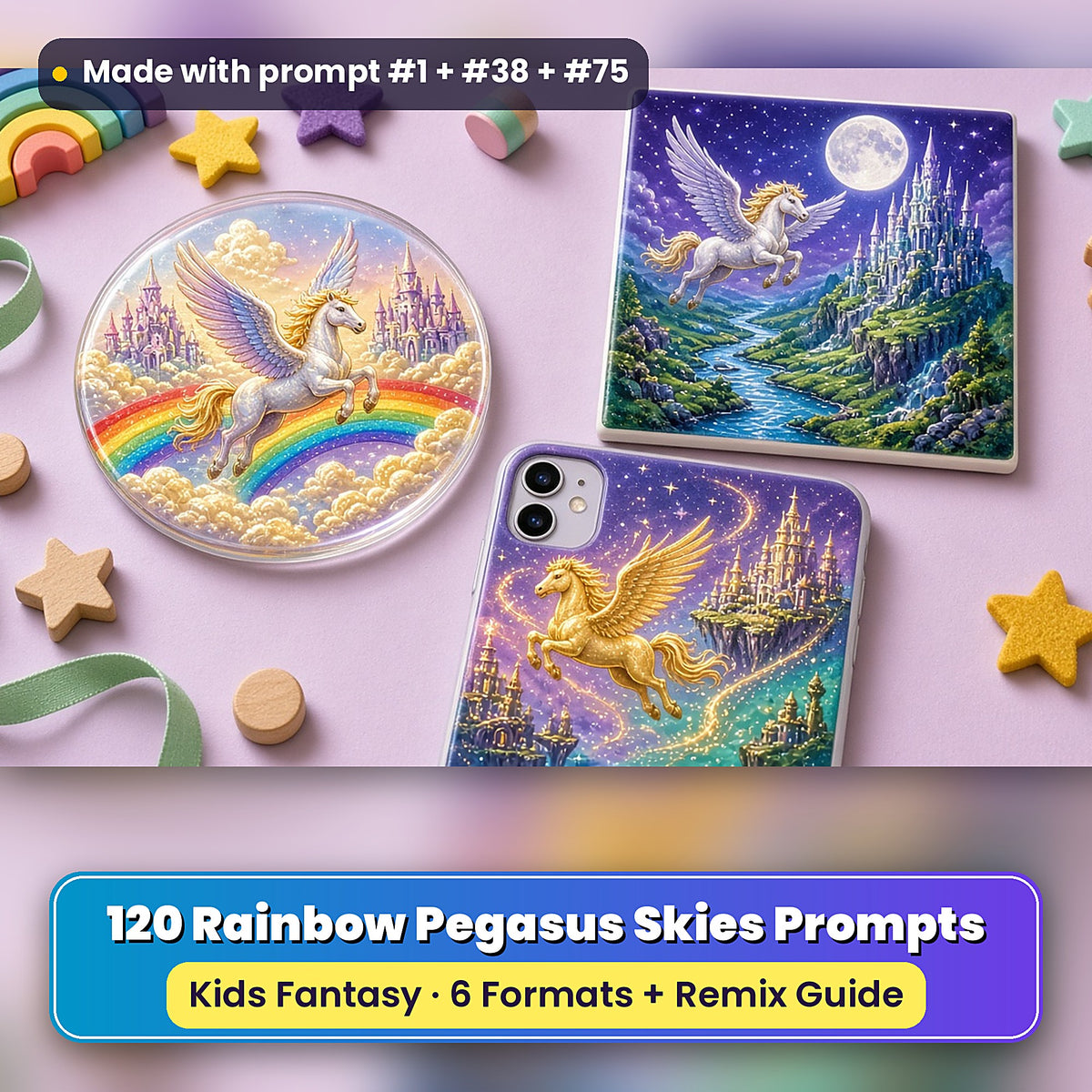 Rainbow Pegasus Skies kids fantasy prompt pack: UV-printed coaster, tile and phone case set mockup, made with prompt #1 + #38 + #75