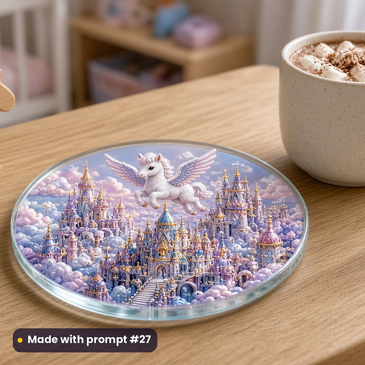 Rainbow Pegasus Skies kids fantasy prompt pack: UV-printed glass coaster mockup, made with prompt #27
