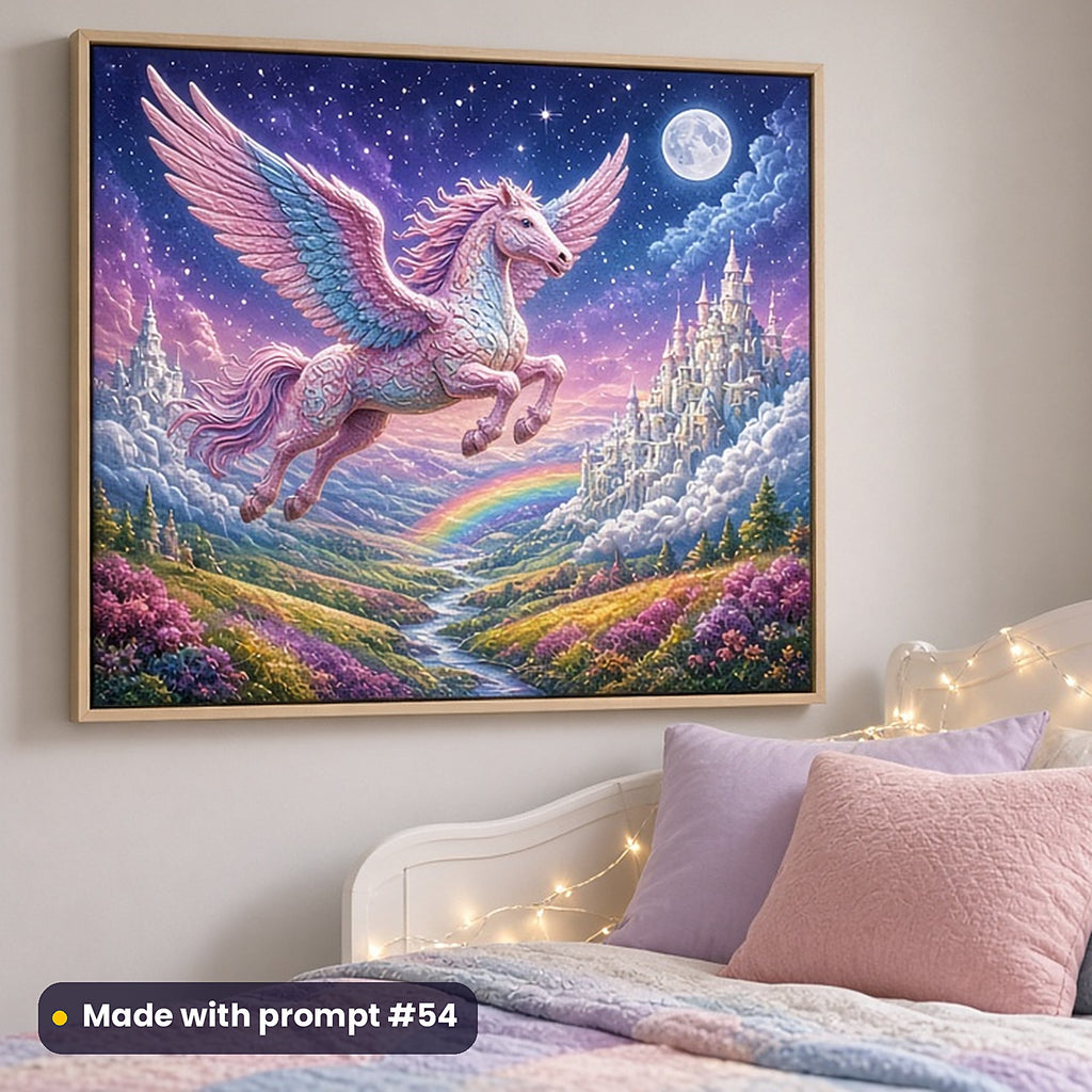 Rainbow Pegasus Skies kids fantasy prompt pack: framed nursery print mockup, made with prompt #54