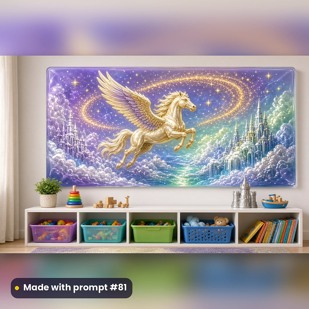 Rainbow Pegasus Skies kids fantasy prompt pack: acrylic wall panel above a toy shelf mockup, made with prompt #81