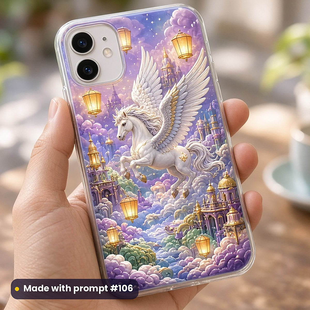 Rainbow Pegasus Skies kids fantasy prompt pack: UV-printed phone case mockup, made with prompt #106