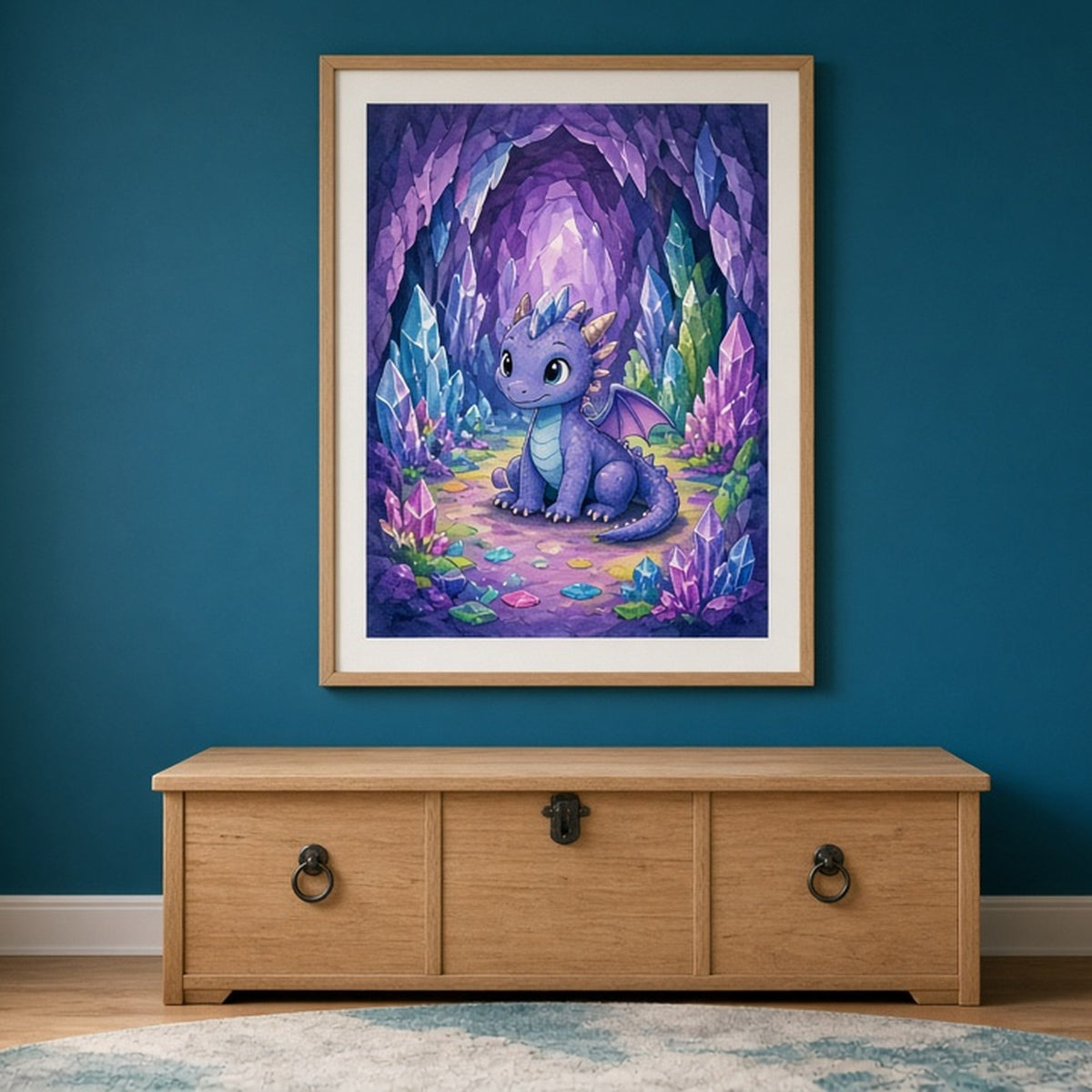 Friendly dragon in a glowing gem cave shown as a flat framed print in a child's bedroom, made with prompt #12