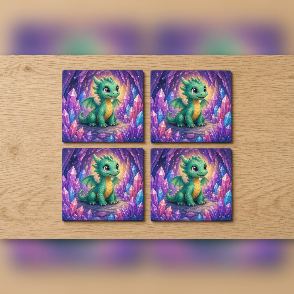 Tiny dragon with shimmering scales printed flat on a set of four coasters, made with prompt #56