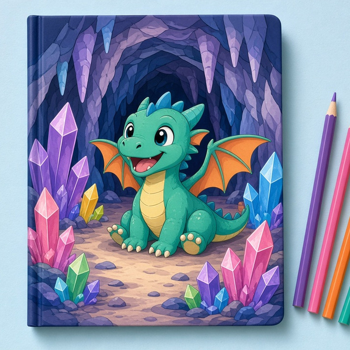 Smiling dragon in a magical crystal cavern printed flat on a hardback notebook, made with prompt #101