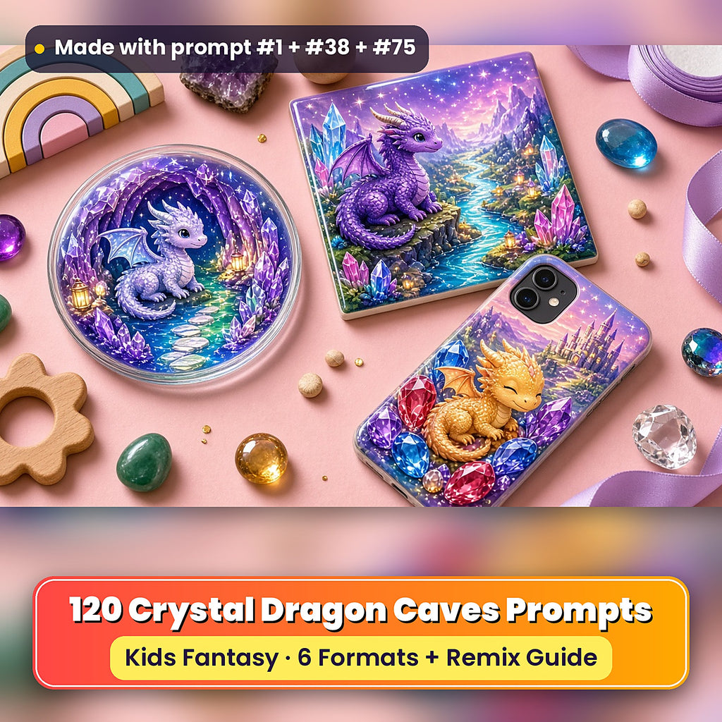 Crystal Dragon Caves kids fantasy prompt pack: UV-printed coaster, tile and phone case set mockup, made with prompt #1 + #38 + #75