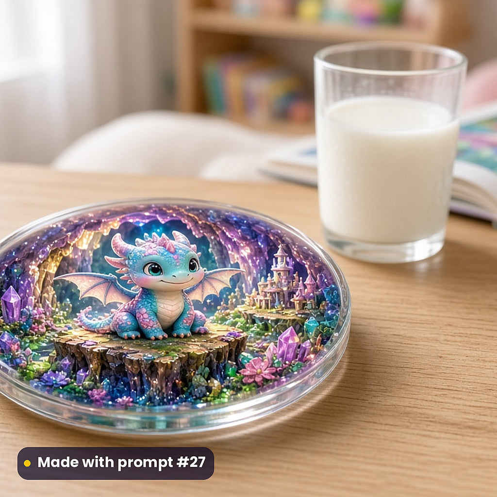 Crystal Dragon Caves kids fantasy prompt pack: UV-printed glass coaster mockup, made with prompt #27