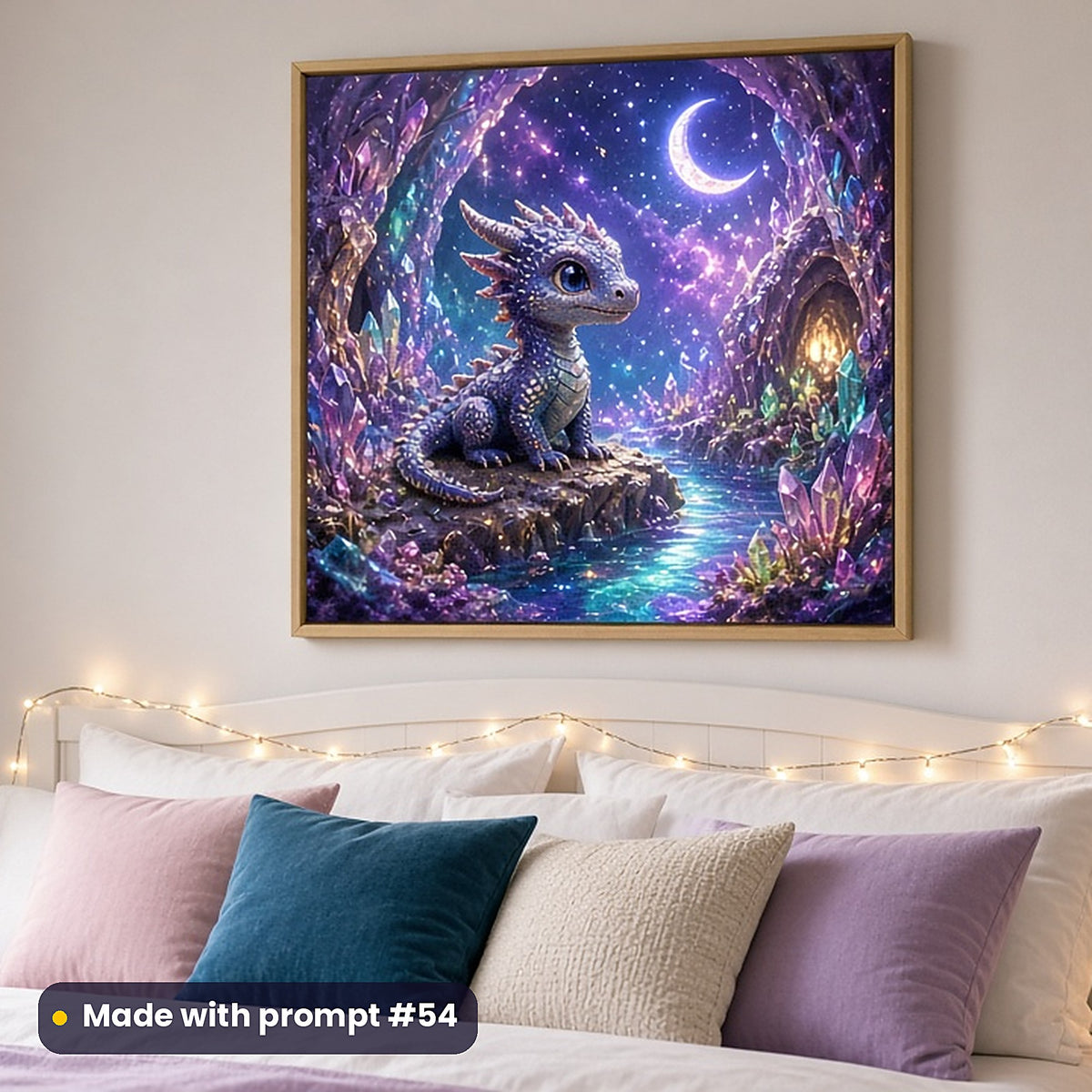 Crystal Dragon Caves kids fantasy prompt pack: framed nursery print mockup, made with prompt #54