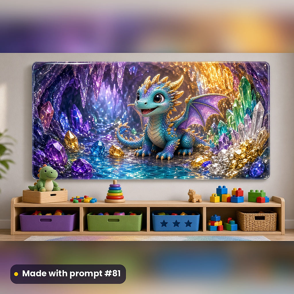 Crystal Dragon Caves kids fantasy prompt pack: acrylic wall panel above a toy shelf mockup, made with prompt #81