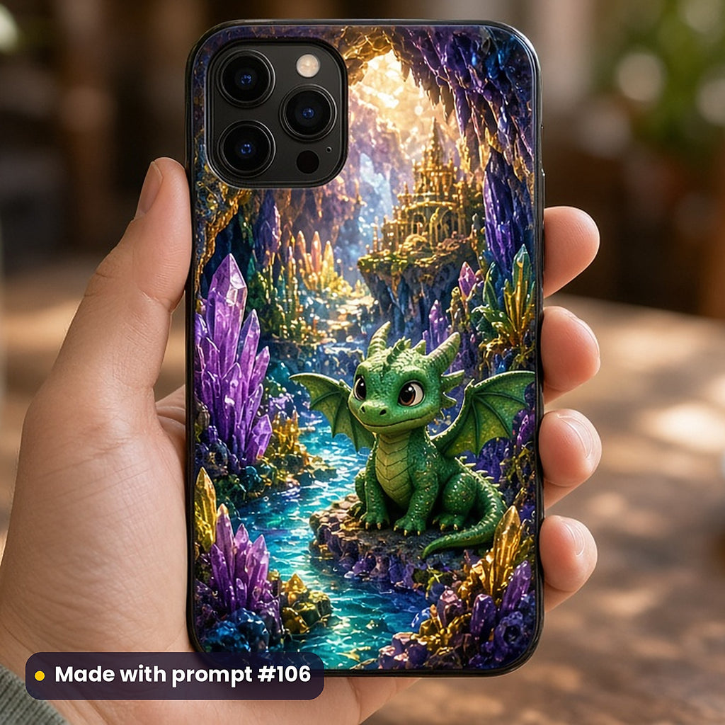 Crystal Dragon Caves kids fantasy prompt pack: UV-printed phone case mockup, made with prompt #106