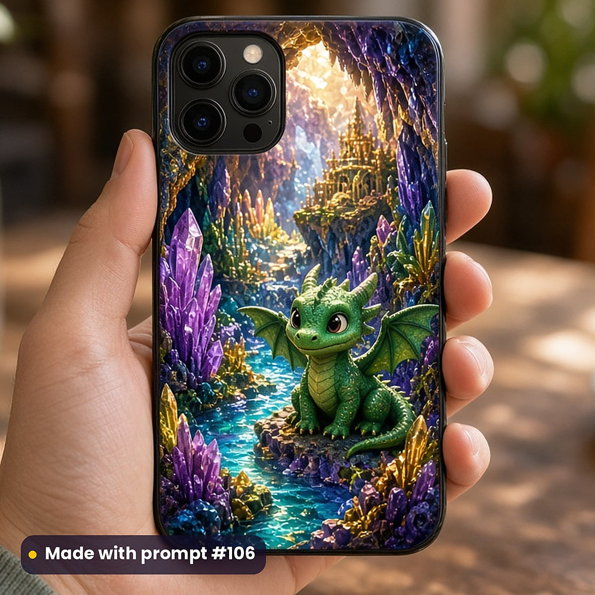 Crystal Dragon Caves kids fantasy prompt pack: UV-printed phone case mockup, made with prompt #106