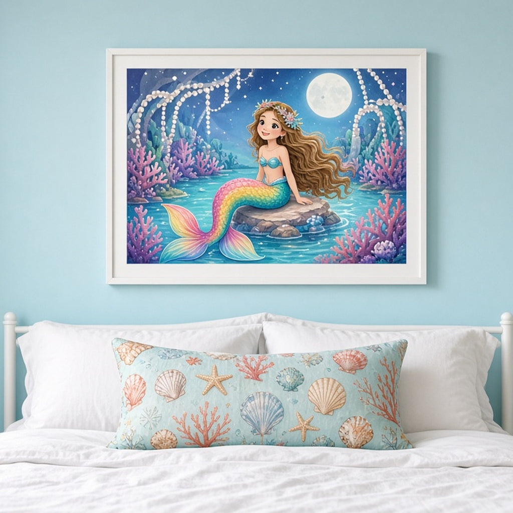 Smiling rainbow-tailed mermaid in a moonlit lagoon shown as a flat framed print in a child's bedroom, made with prompt #5