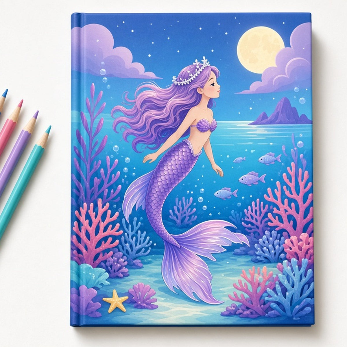 Mermaid with a pearl crown printed flat on a hardback notebook cover with colouring pencils, made with prompt #46