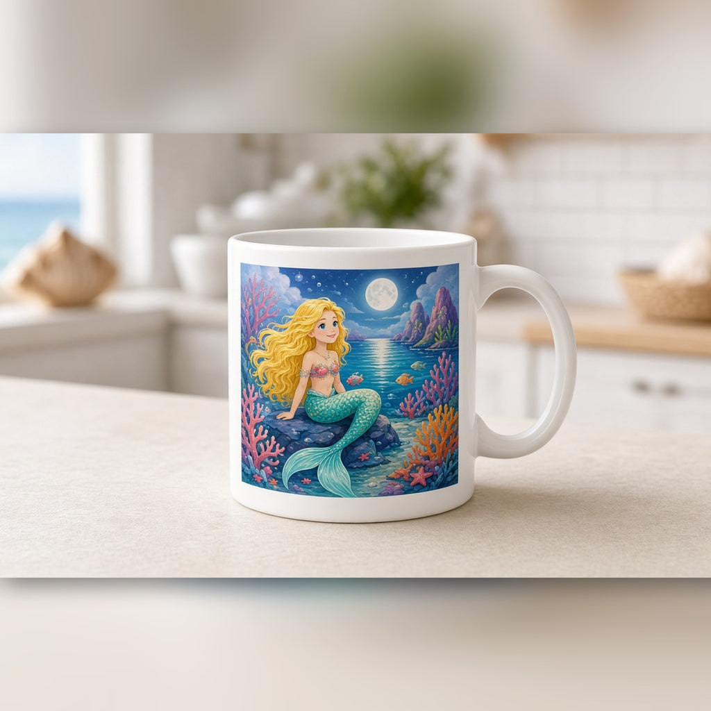 Golden-haired mermaid in a moonlit lagoon printed flat on a white ceramic mug, made with prompt #93