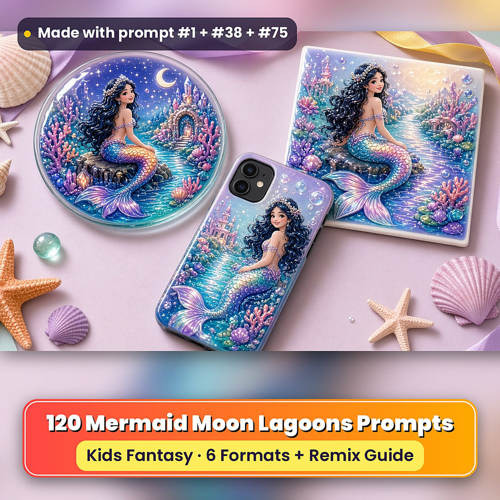 Mermaid Moon Lagoons kids fantasy prompt pack: UV-printed coaster, tile and phone case set mockup, made with prompt #1 + #38 + #75