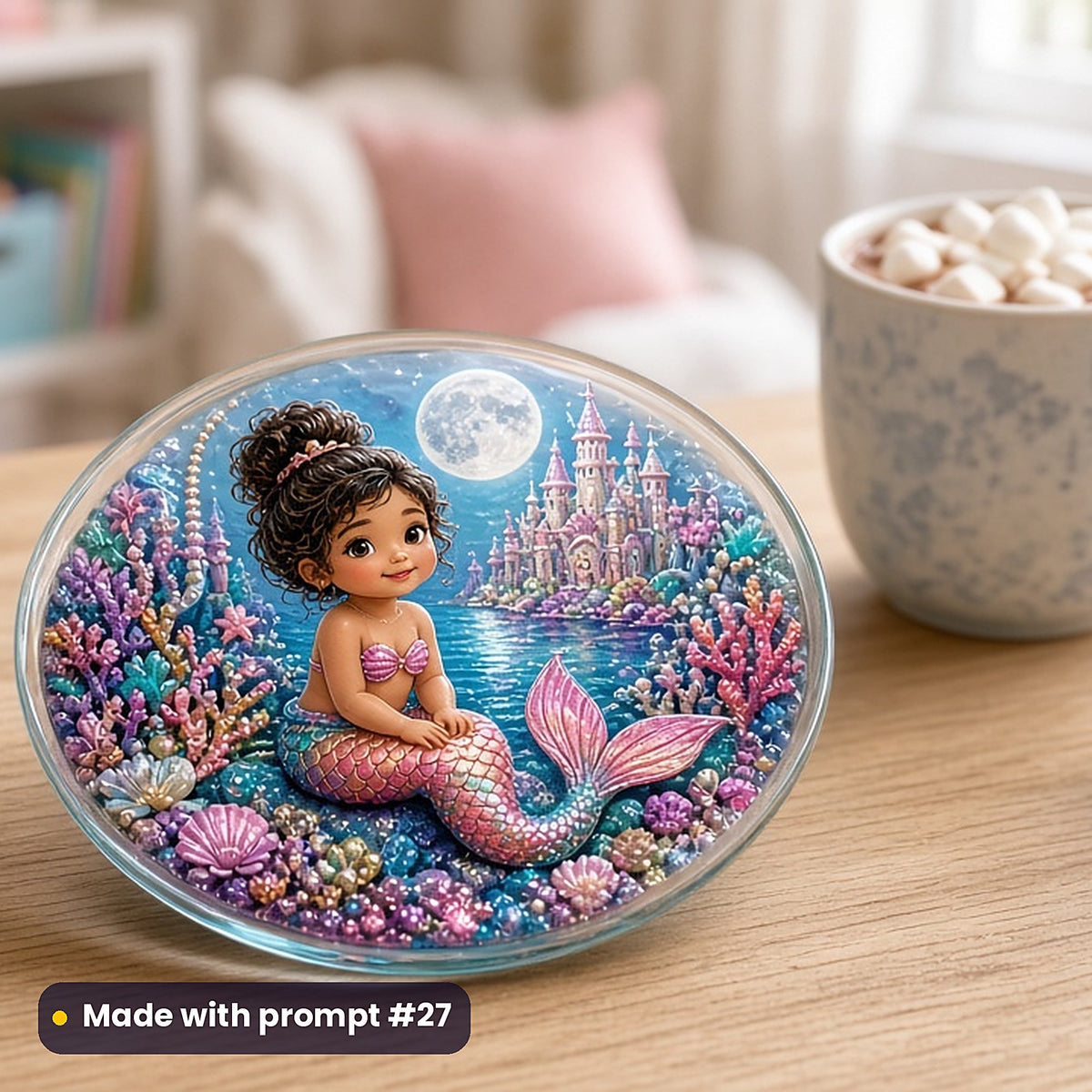 Mermaid Moon Lagoons kids fantasy prompt pack: UV-printed glass coaster mockup, made with prompt #27