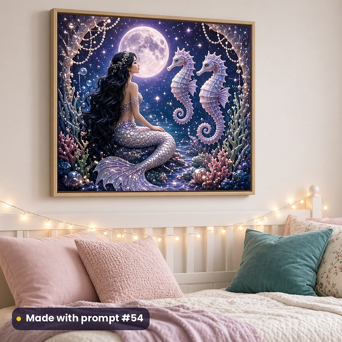Mermaid Moon Lagoons kids fantasy prompt pack: framed nursery print mockup, made with prompt #54