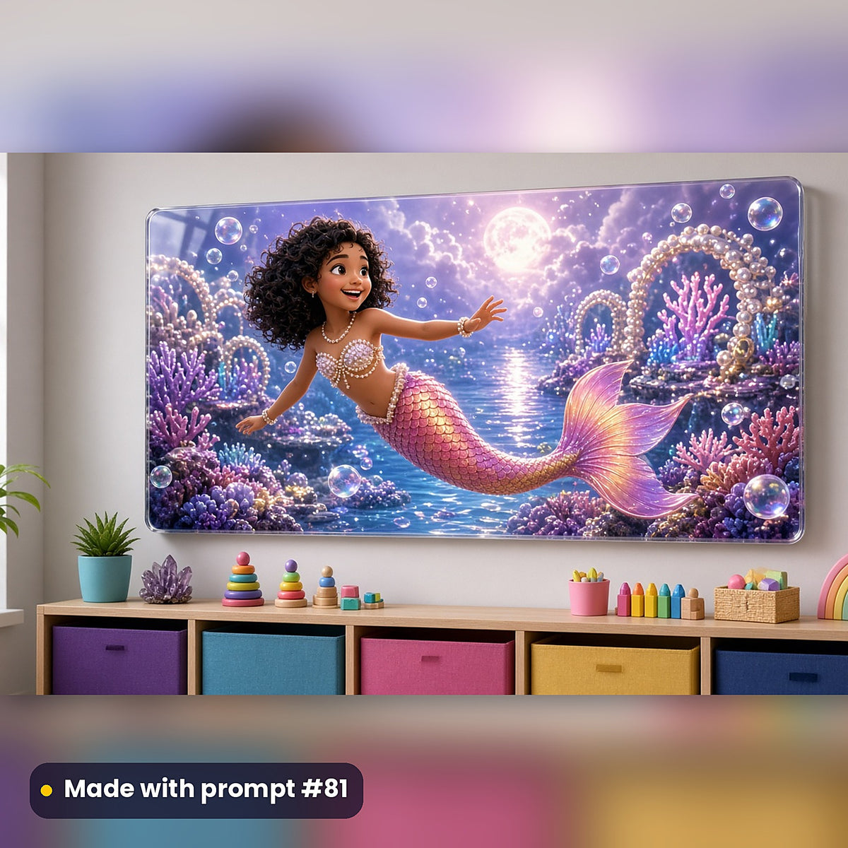 Mermaid Moon Lagoons kids fantasy prompt pack: acrylic wall panel above a toy shelf mockup, made with prompt #81