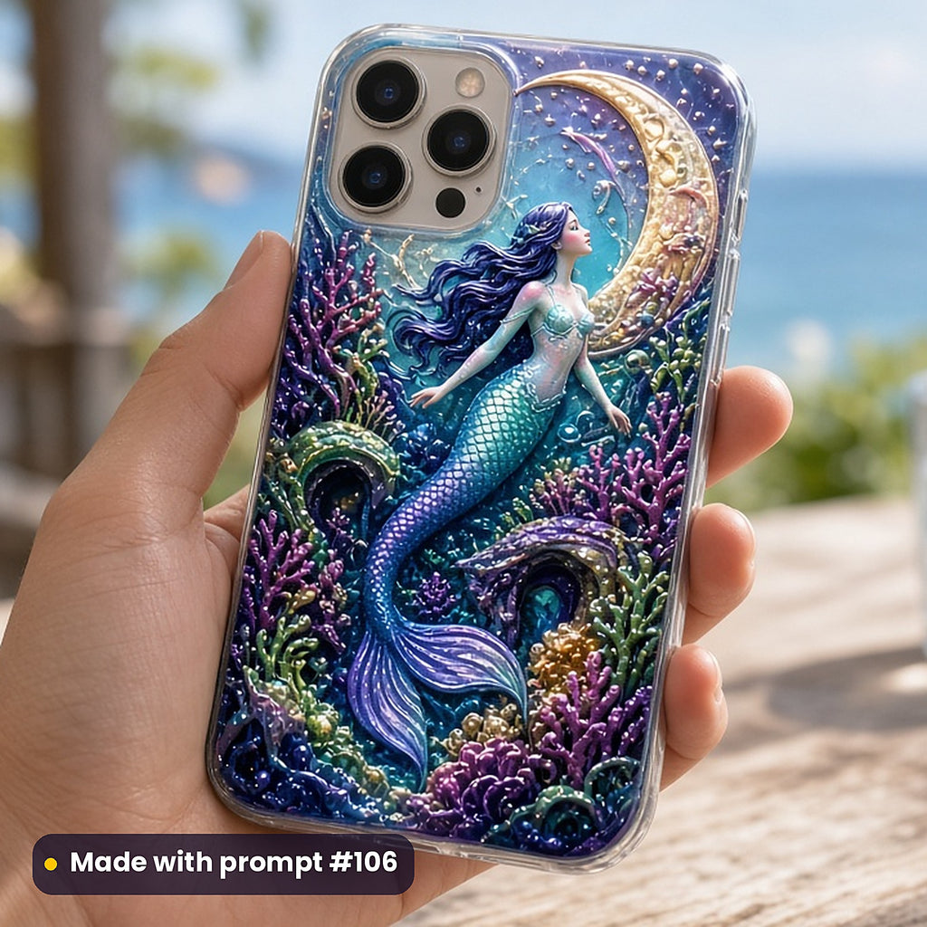 Mermaid Moon Lagoons kids fantasy prompt pack: UV-printed phone case mockup, made with prompt #106