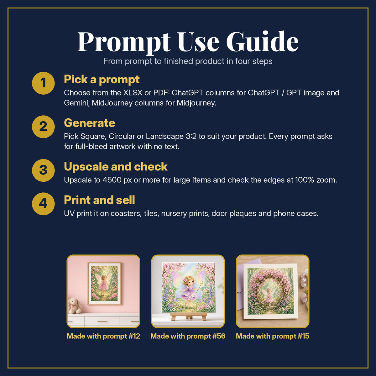 Prompt Use Guide for the Fairy Blossom Forests Kids Fantasy Prompt Pack: pick a prompt, generate, upscale and check, print and sell, with sample products made with the pack's prompts