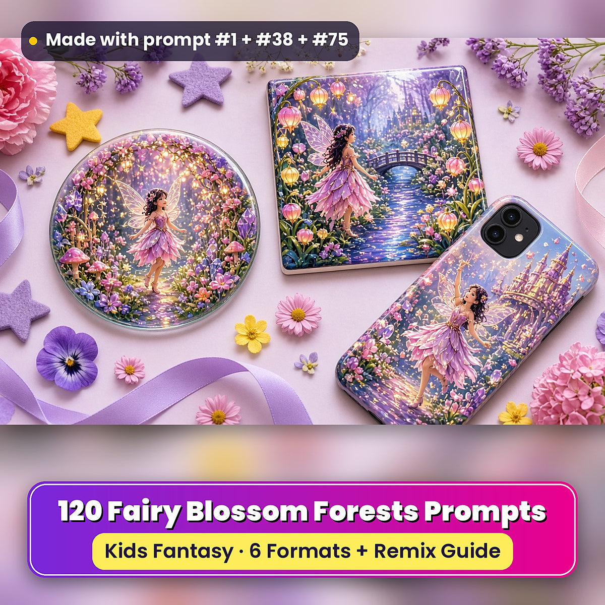 Fairy Blossom Forests kids fantasy prompt pack: UV-printed coaster, tile and phone case set mockup, made with prompt #1 + #38 + #75