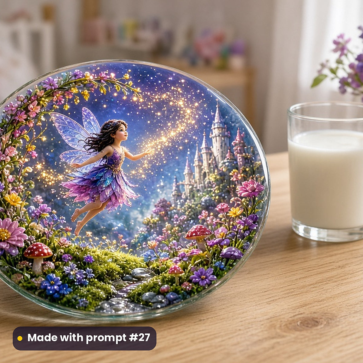 Fairy Blossom Forests kids fantasy prompt pack: UV-printed glass coaster mockup, made with prompt #27