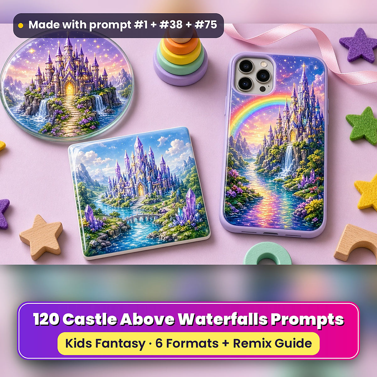 Castle Above Waterfalls kids fantasy prompt pack: UV-printed coaster, tile and phone case set mockup, made with prompt #1 + #38 + #75
