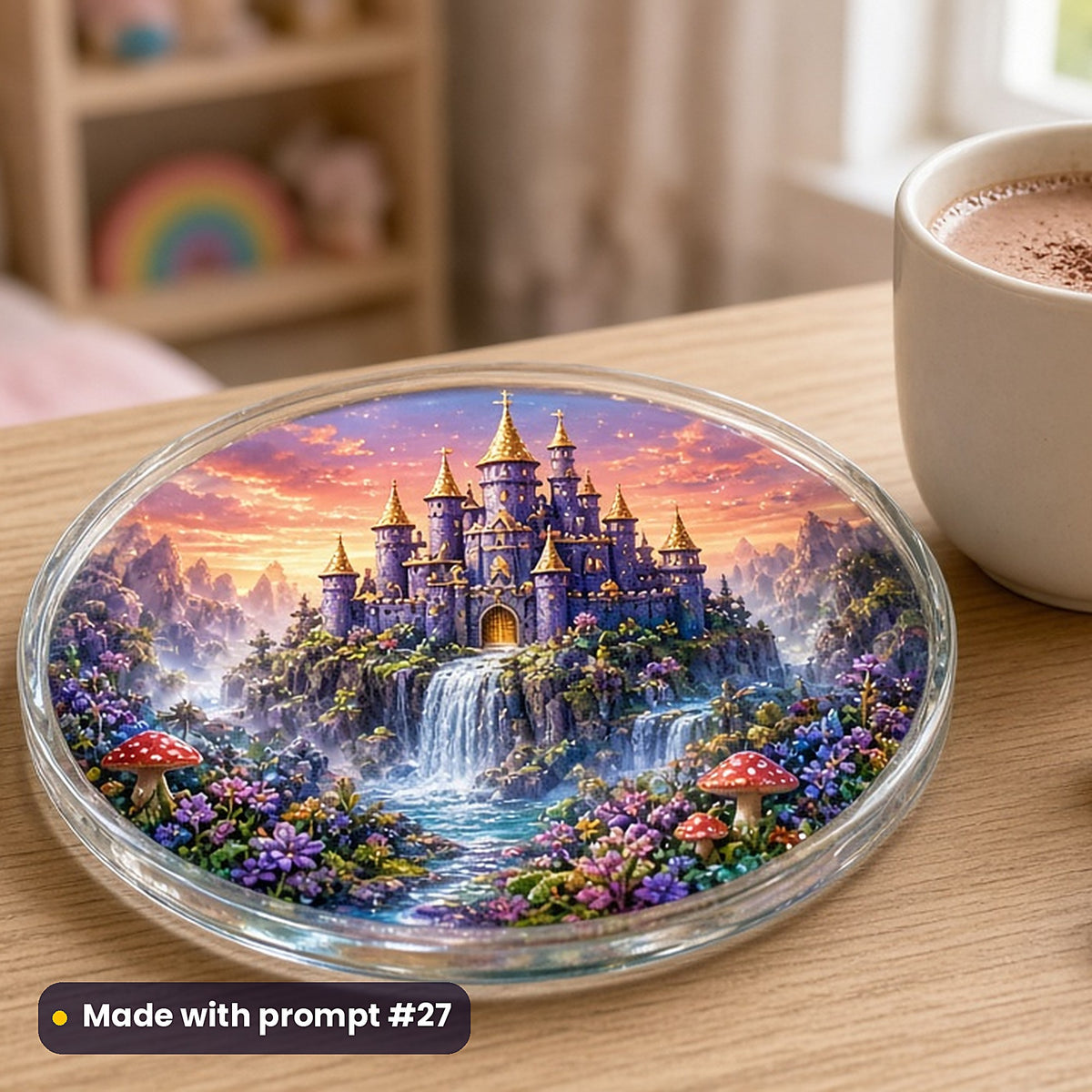 Castle Above Waterfalls kids fantasy prompt pack: UV-printed glass coaster mockup, made with prompt #27