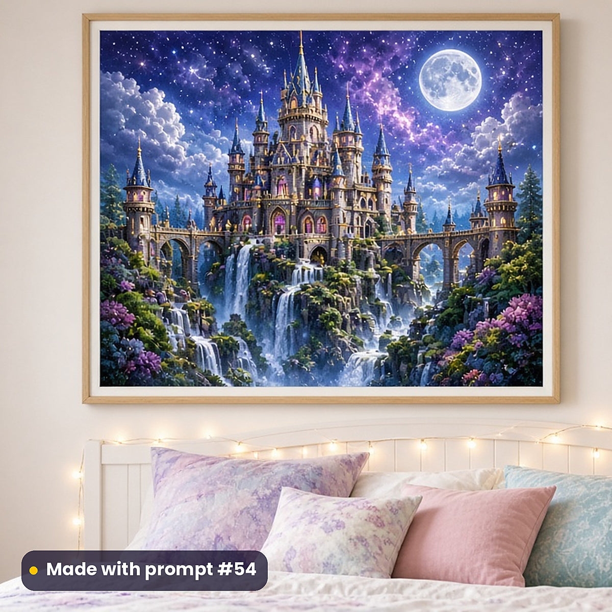 Castle Above Waterfalls kids fantasy prompt pack: framed nursery print mockup, made with prompt #54