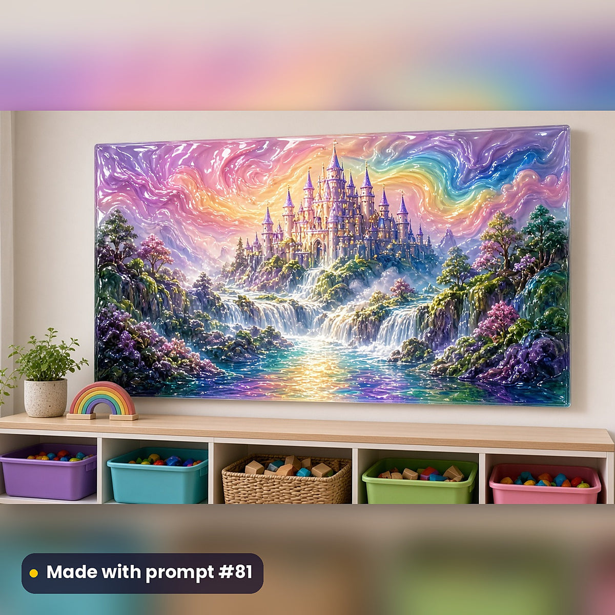 Castle Above Waterfalls kids fantasy prompt pack: acrylic wall panel above a toy shelf mockup, made with prompt #81