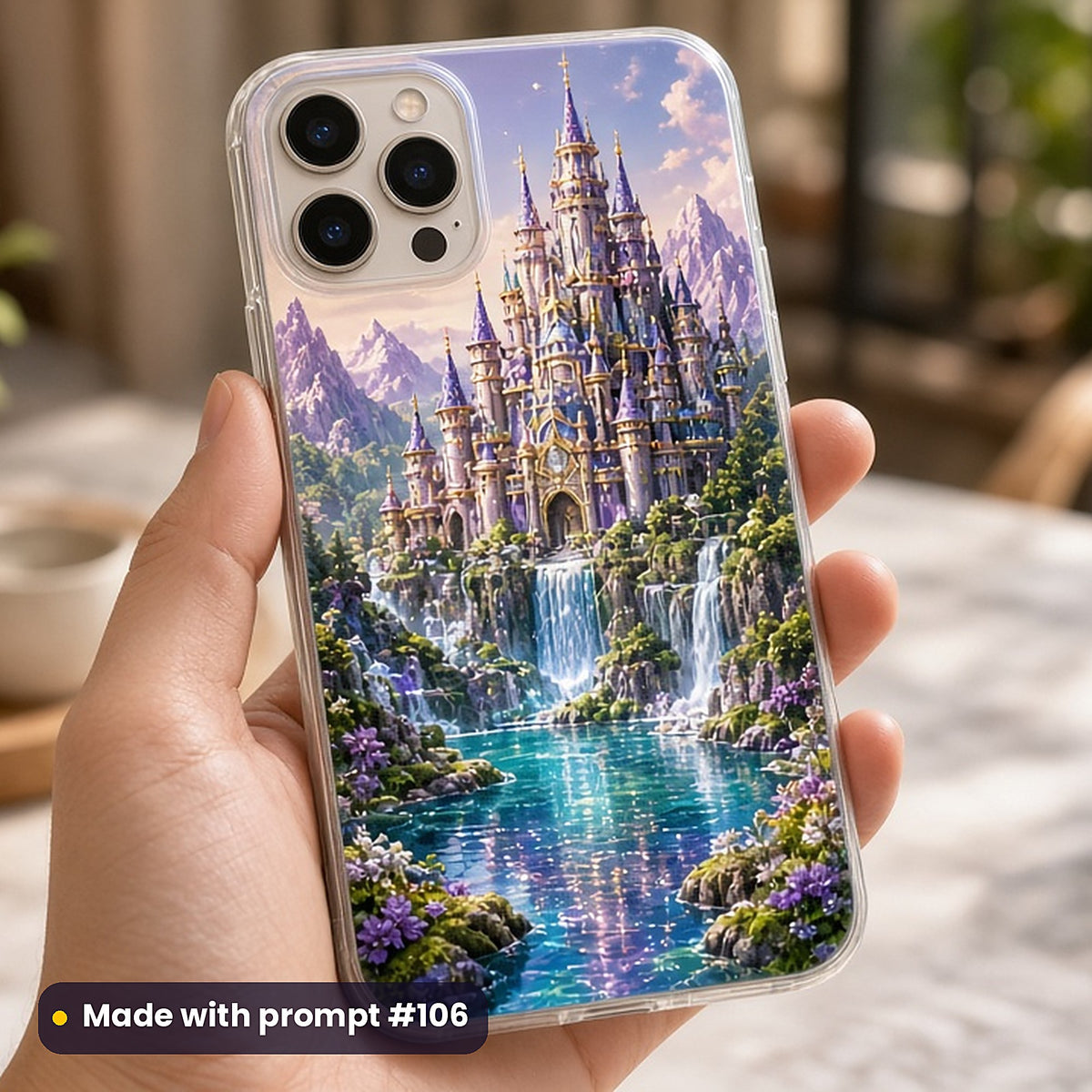 Castle Above Waterfalls kids fantasy prompt pack: UV-printed phone case mockup, made with prompt #106