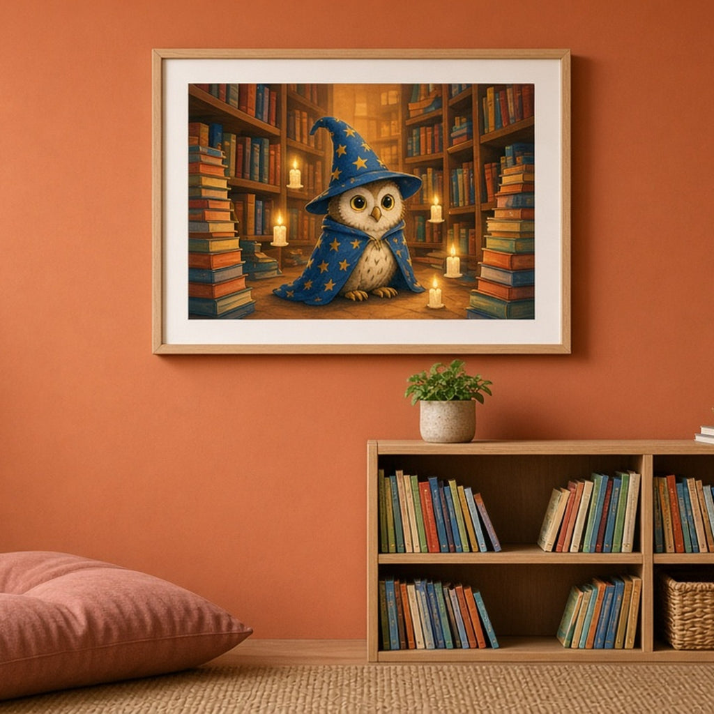 Owl wizard in a glowing library shown as a flat framed print in a child's reading corner, made with prompt #12
