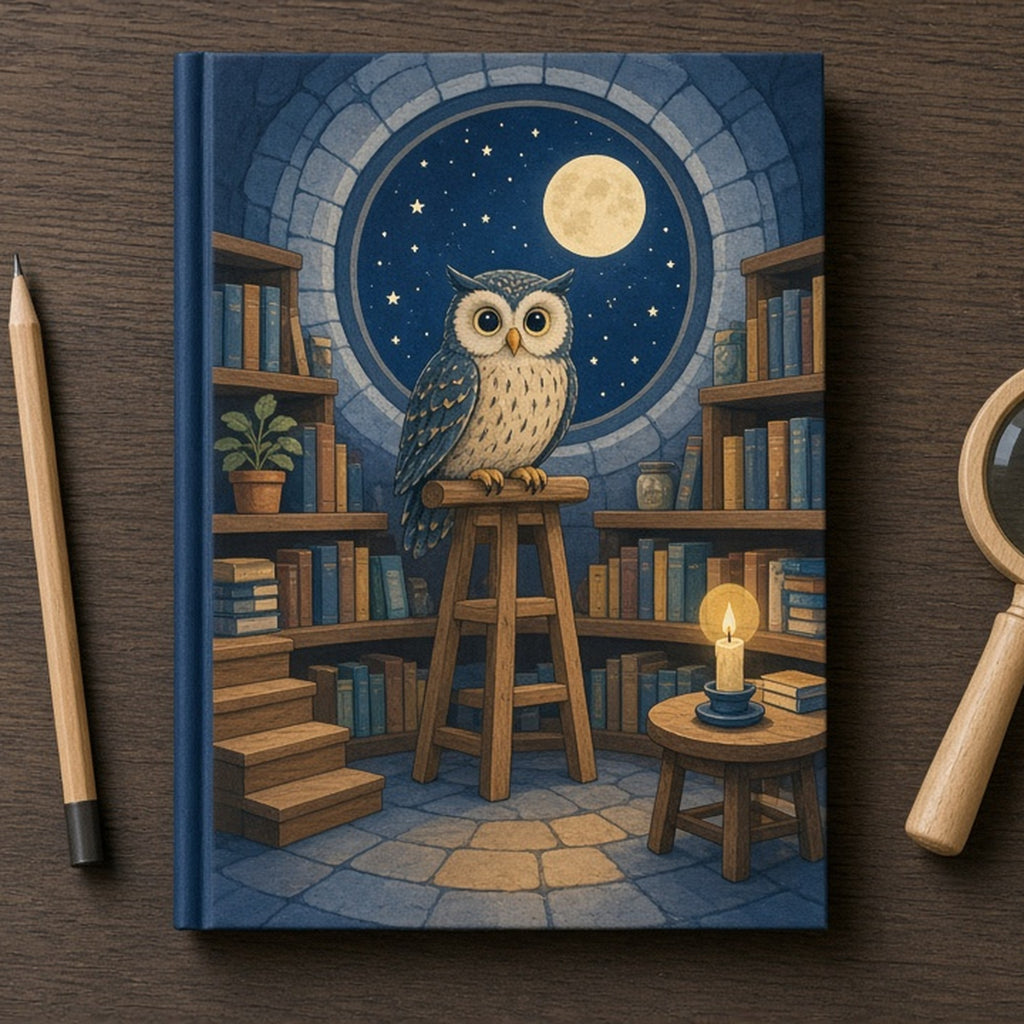 Moonlit owl in a tower library printed flat on a hardback notebook, made with prompt #56