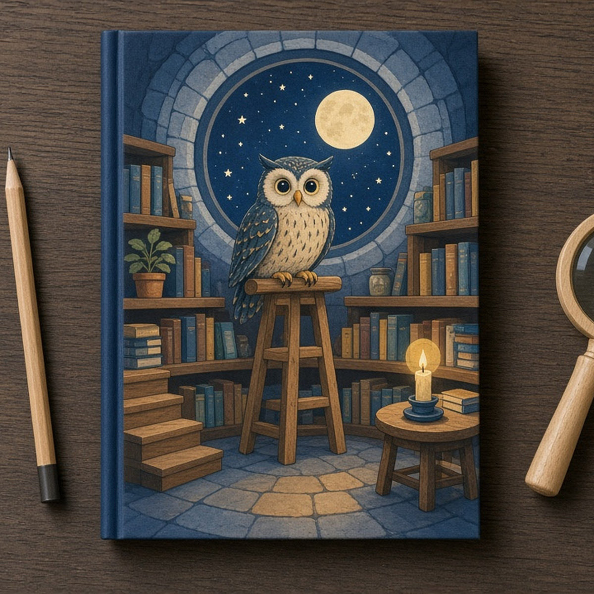 Moonlit owl in a tower library printed flat on a hardback notebook, made with prompt #56