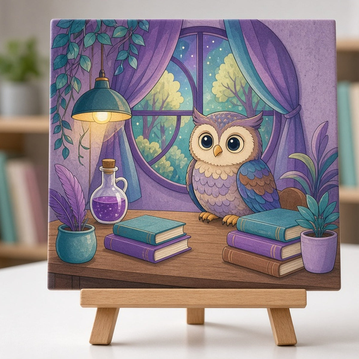 Owl in a secret enchanted study printed flat on a ceramic tile on an easel, made with prompt #101