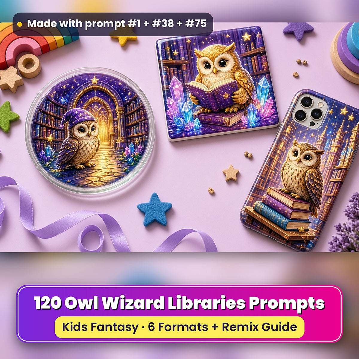 Owl Wizard Libraries kids fantasy prompt pack: UV-printed coaster, tile and phone case set mockup, made with prompt #1 + #38 + #75