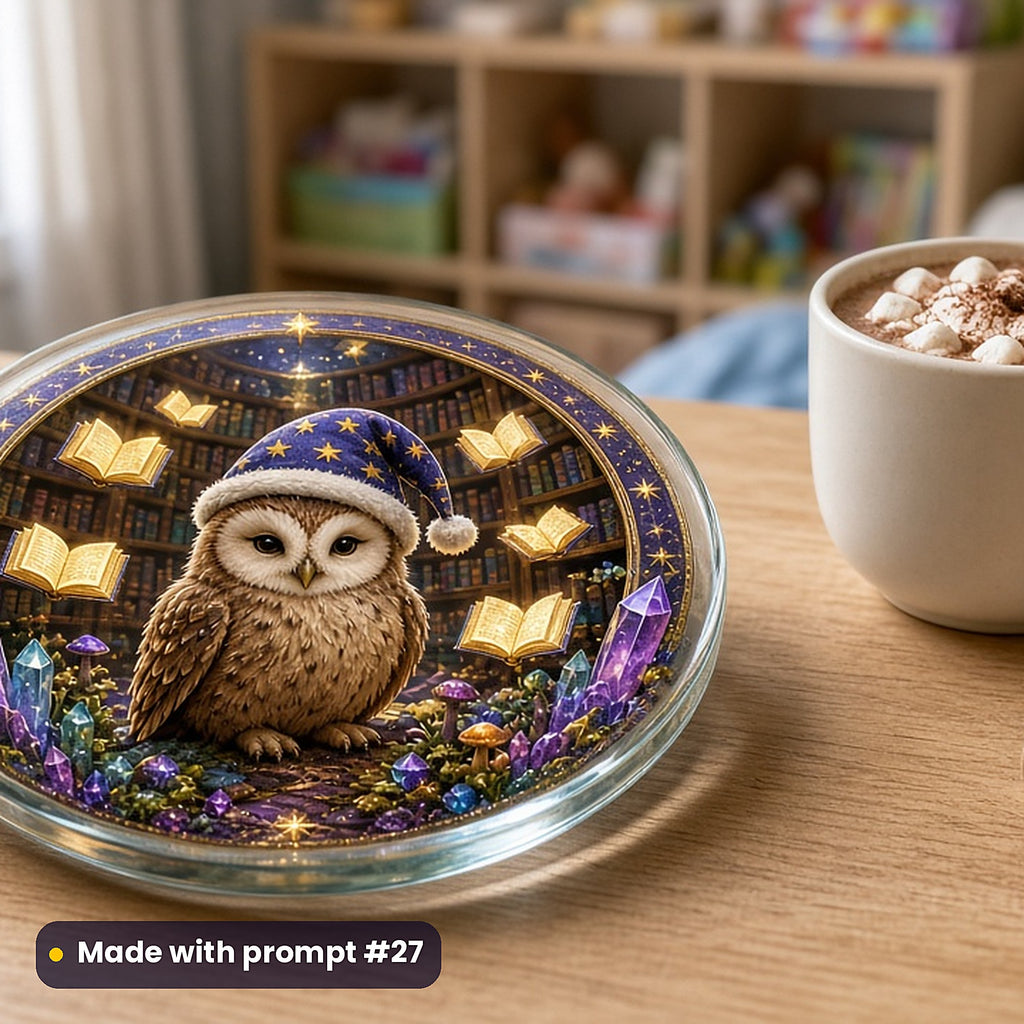 Owl Wizard Libraries kids fantasy prompt pack: UV-printed glass coaster mockup, made with prompt #27