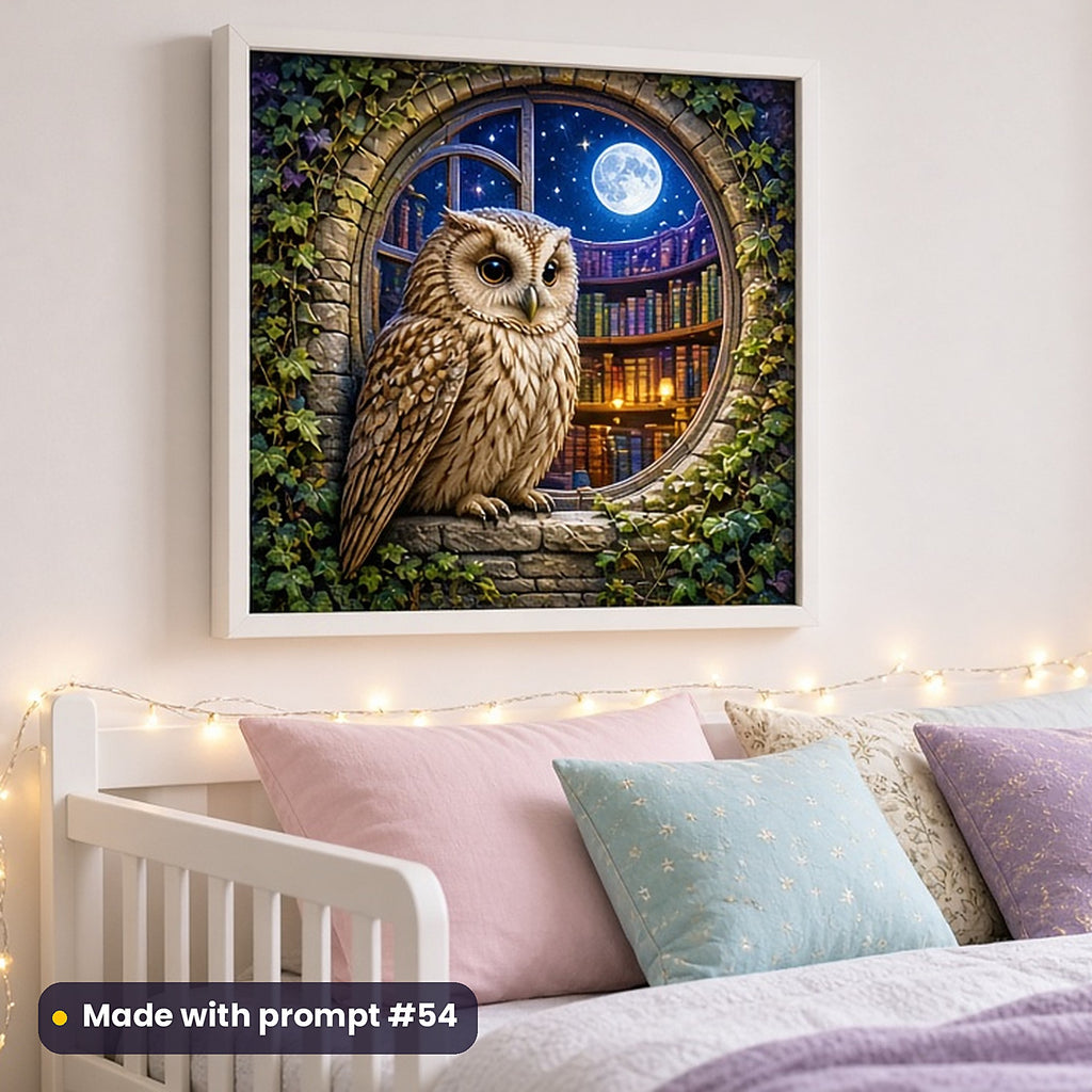 Owl Wizard Libraries kids fantasy prompt pack: framed nursery print mockup, made with prompt #54