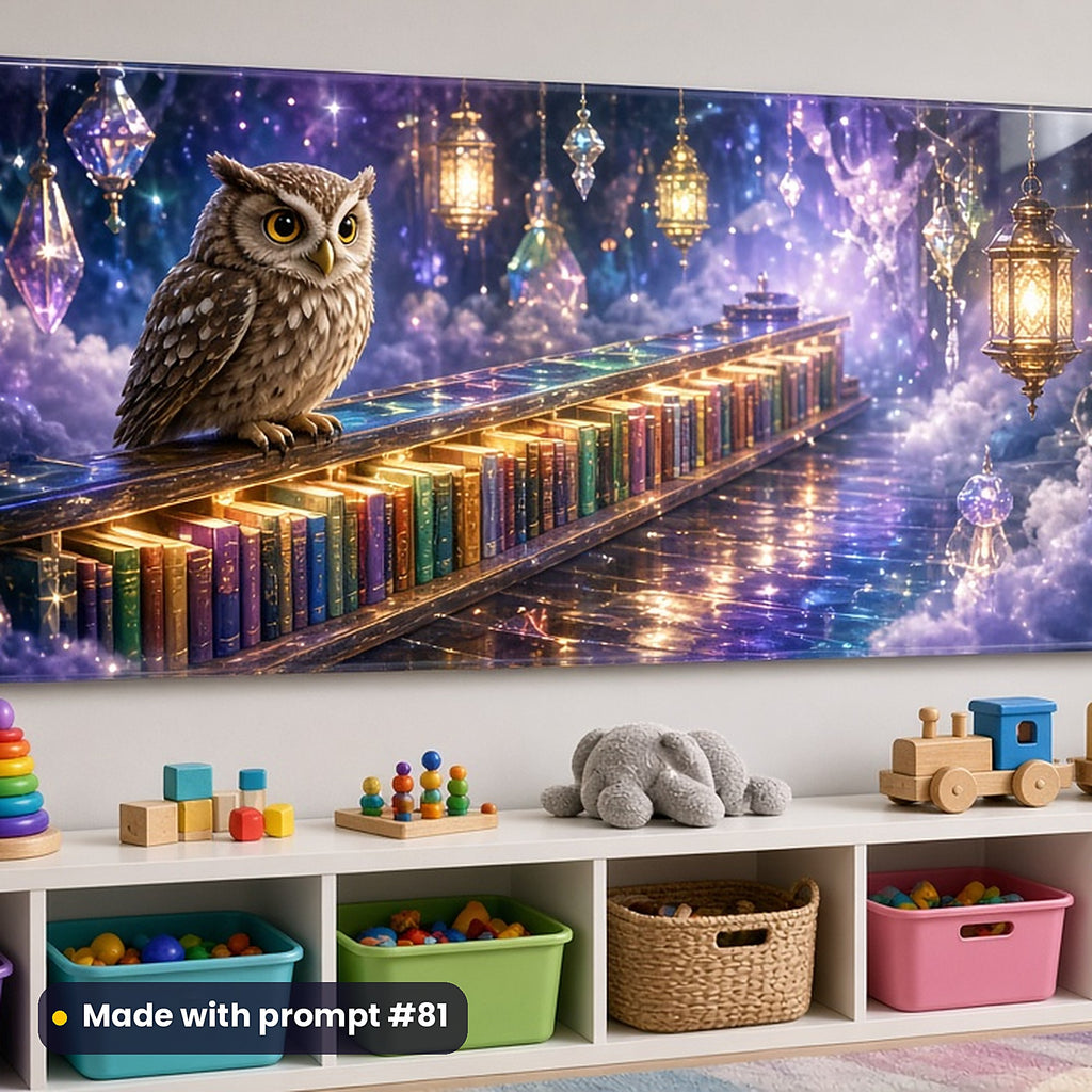 Owl Wizard Libraries kids fantasy prompt pack: acrylic wall panel above a toy shelf mockup, made with prompt #81