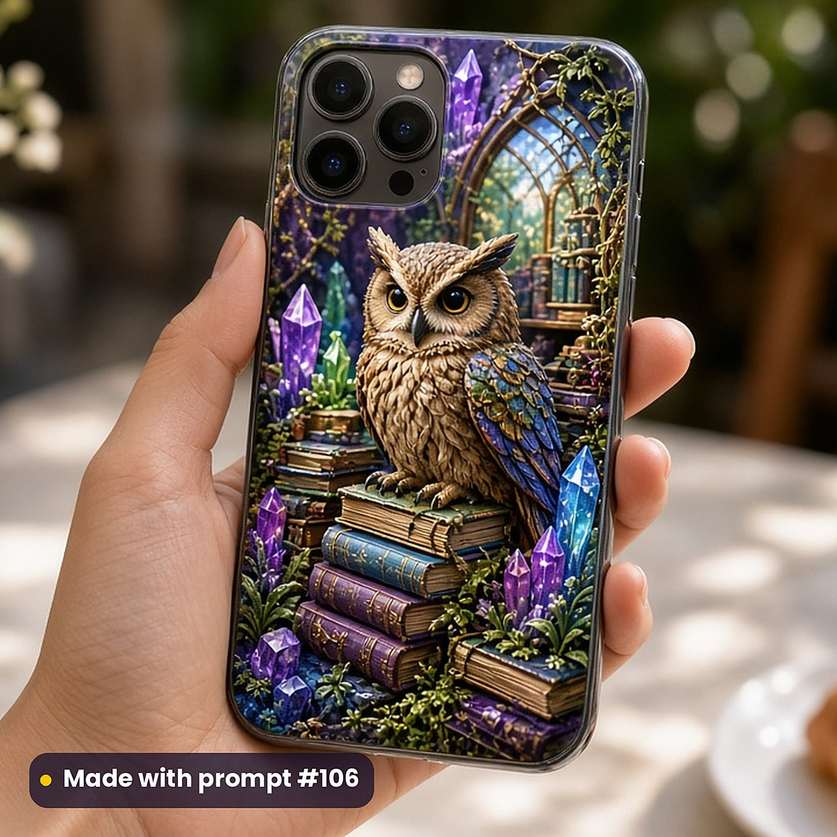 Owl Wizard Libraries kids fantasy prompt pack: UV-printed phone case mockup, made with prompt #106