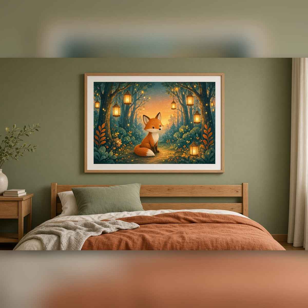 Magical fox in a lantern-lit grove shown as a flat framed print in a child's bedroom, made with prompt #12