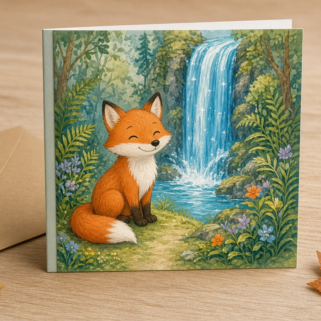 Fox beside a sparkling waterfall printed flat on a greeting card, made with prompt #56