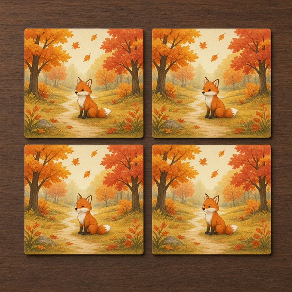 Fox in a magical autumn glade printed flat on a set of four coasters, made with prompt #101